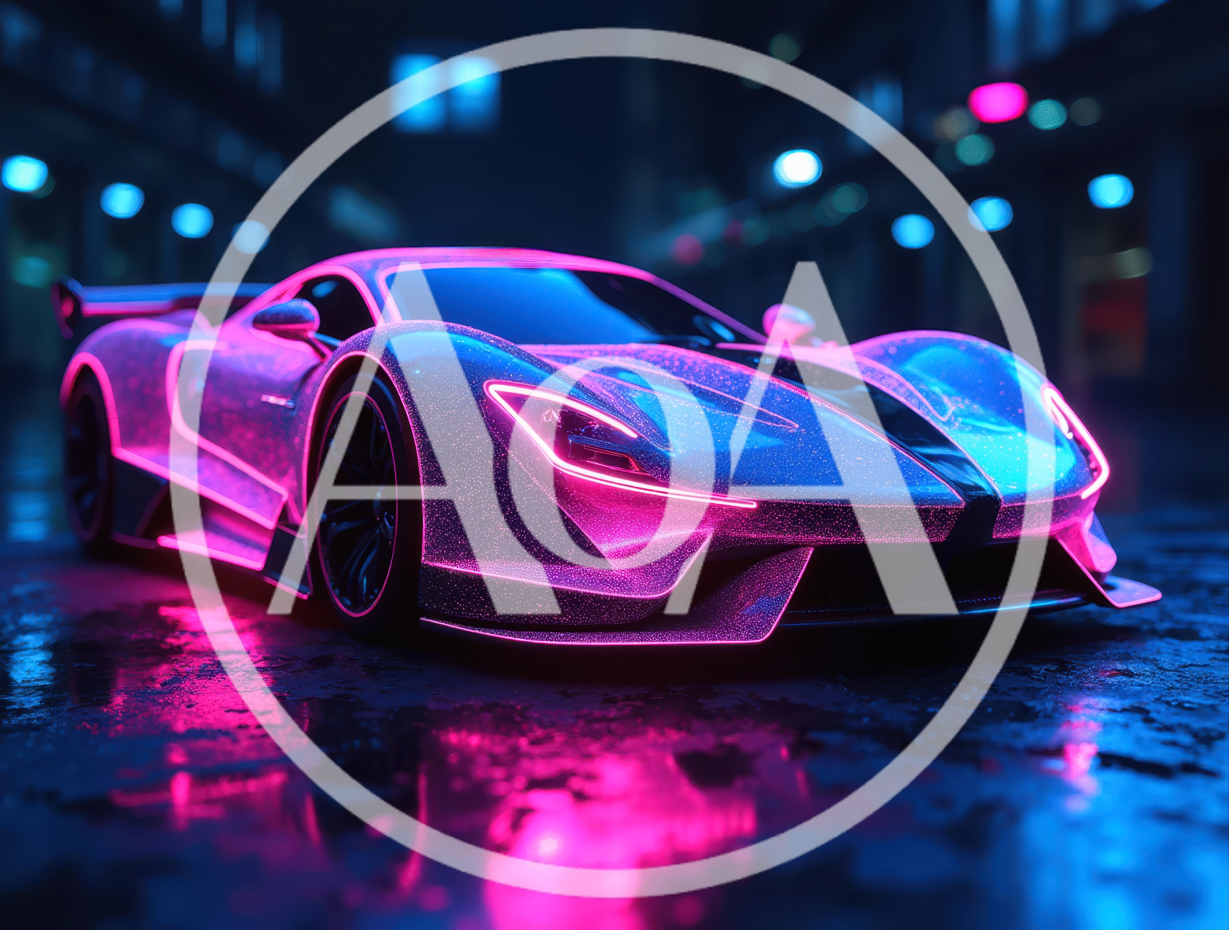 Neon Cyberpunk Supercar On Wet City Street