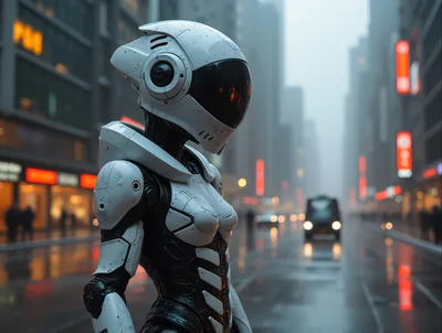 Futuristic Android Standing On A Rainy City Street
