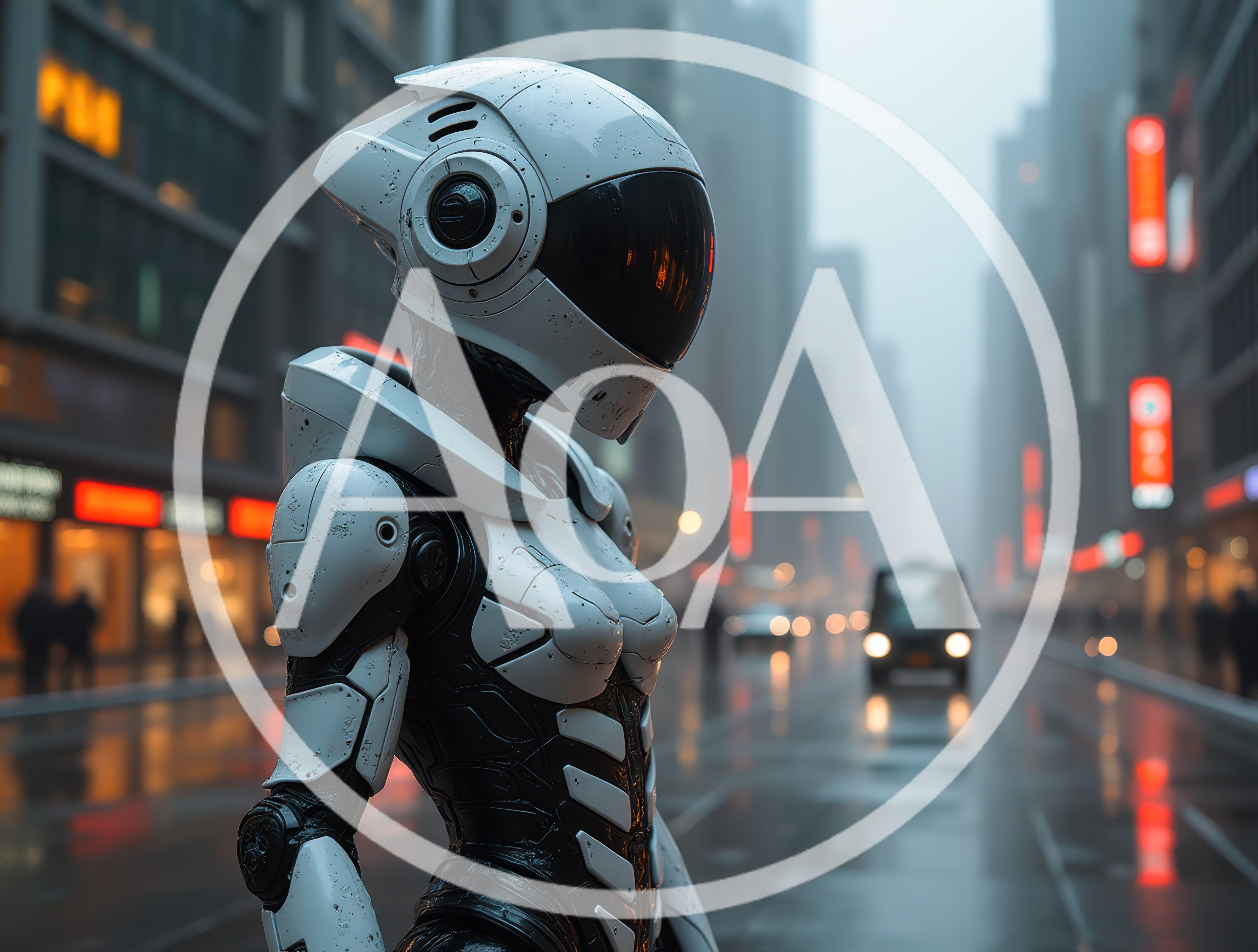 Futuristic Android Standing On A Rainy City Street