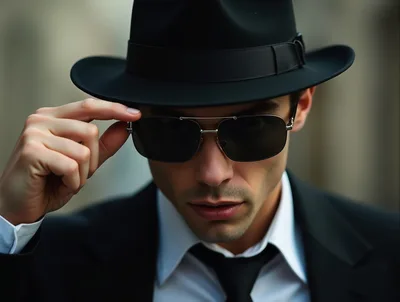 Man In Suit And Fedora Adjusting Sunglasses