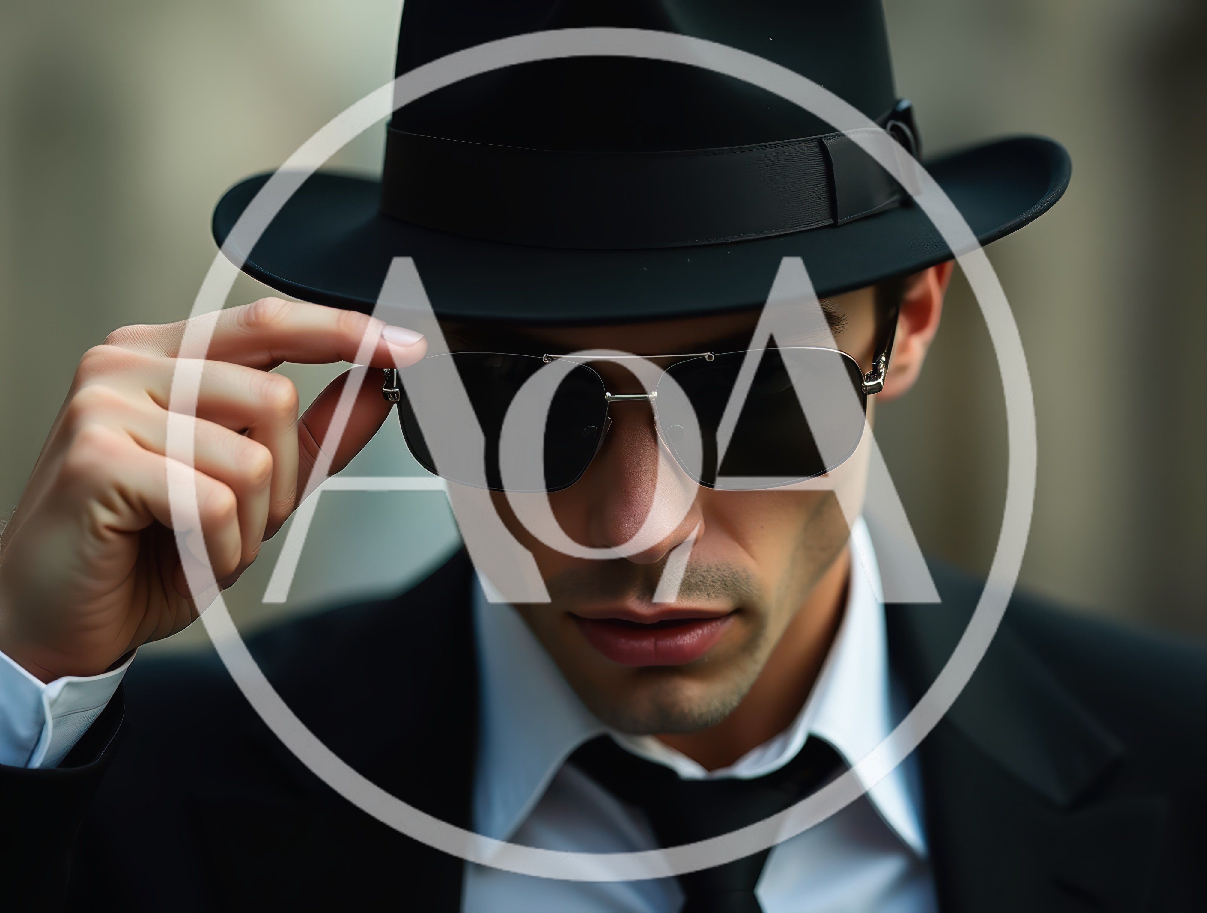 Man In Suit And Fedora Adjusting Sunglasses