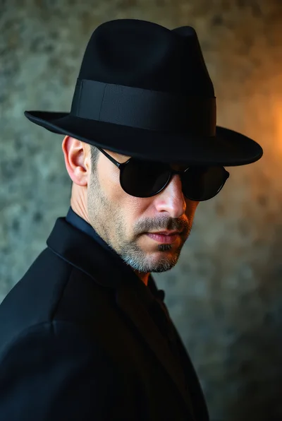 Man In Fedora And Sunglasses Looking Over Shoulder