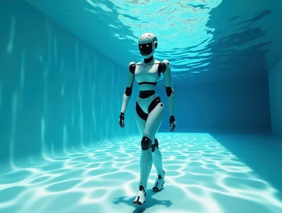 Futuristic Humanoid Robot Walking Underwater in Swimming Pool