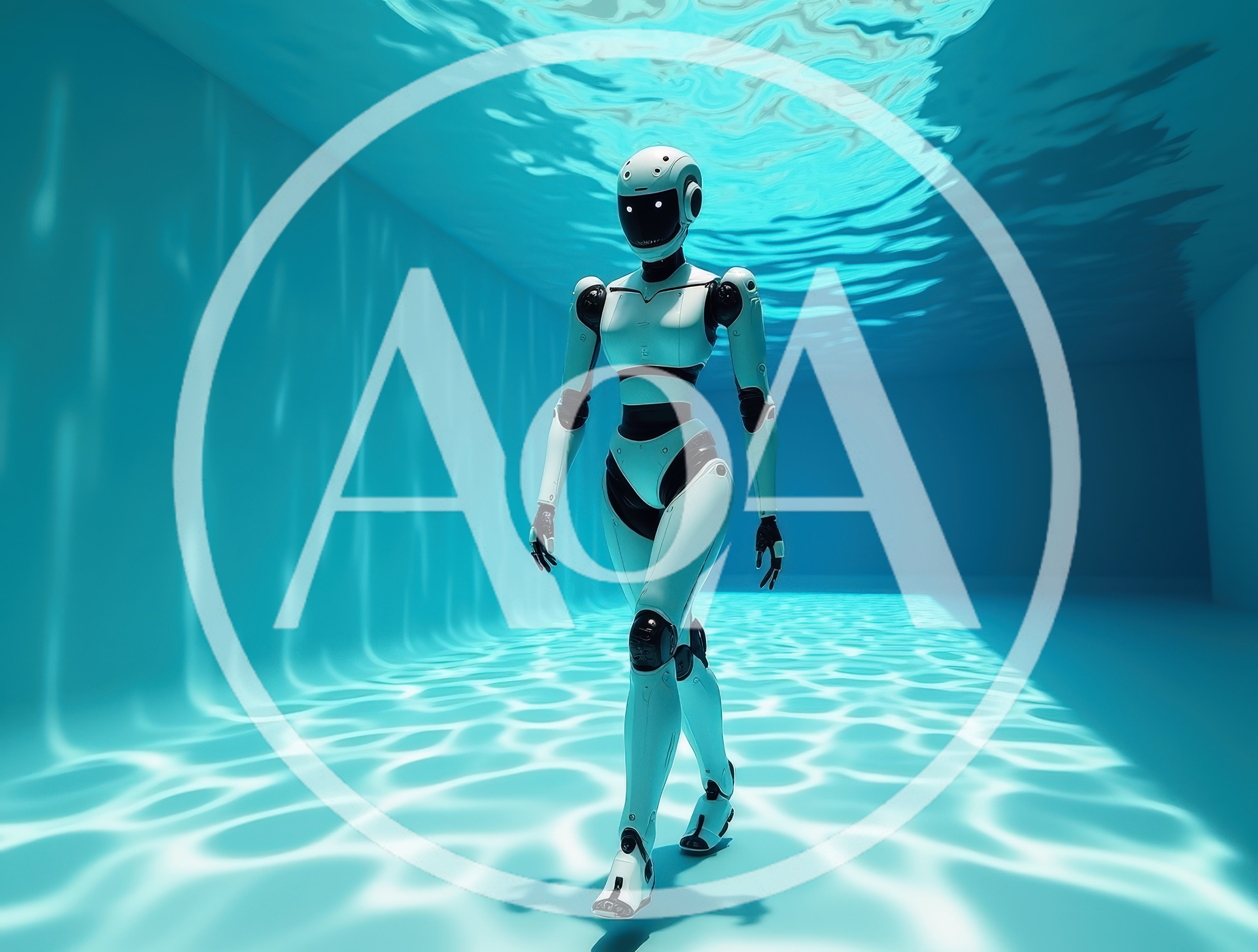Futuristic Humanoid Robot Walking Underwater in Swimming Pool