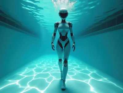 Futuristic Android Robot Walking Underwater In Swimming Pool