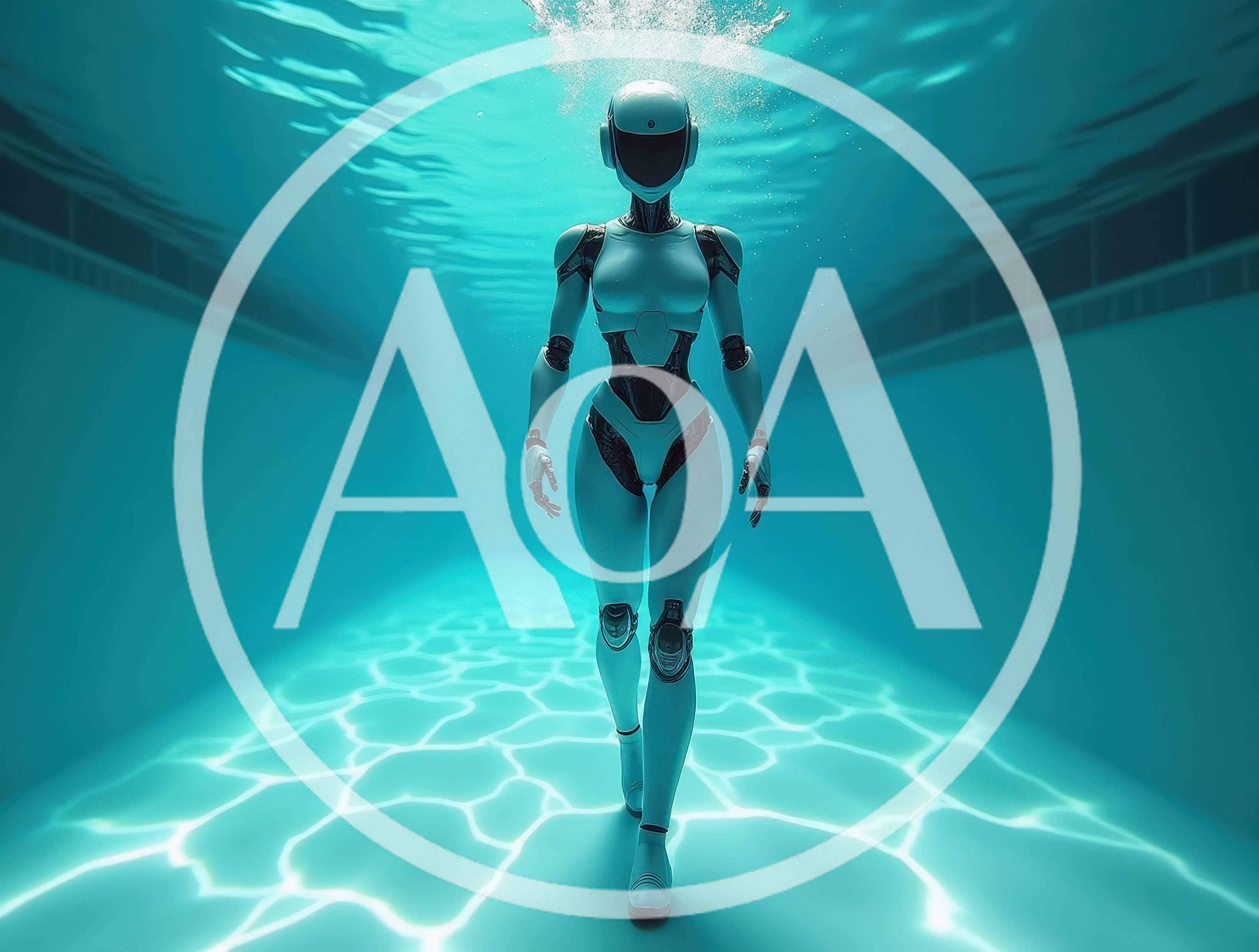 Futuristic Android Robot Walking Underwater In Swimming Pool
