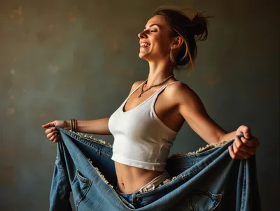 Happy Woman Showing Weight Loss With Oversized Jeans