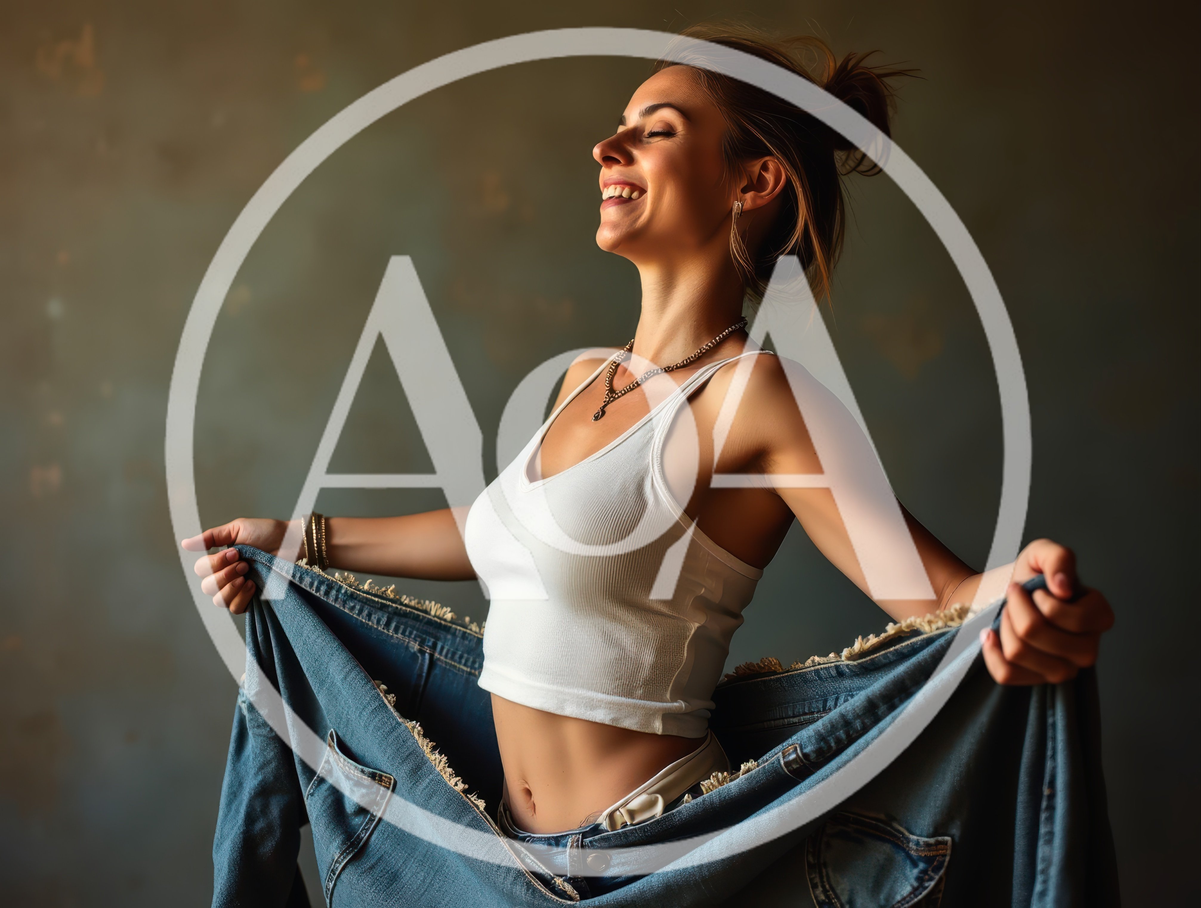 Happy Woman Showing Weight Loss With Oversized Jeans