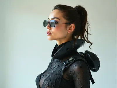 Futuristic Woman Wearing Cyberpunk Tech Gear And Sunglasses