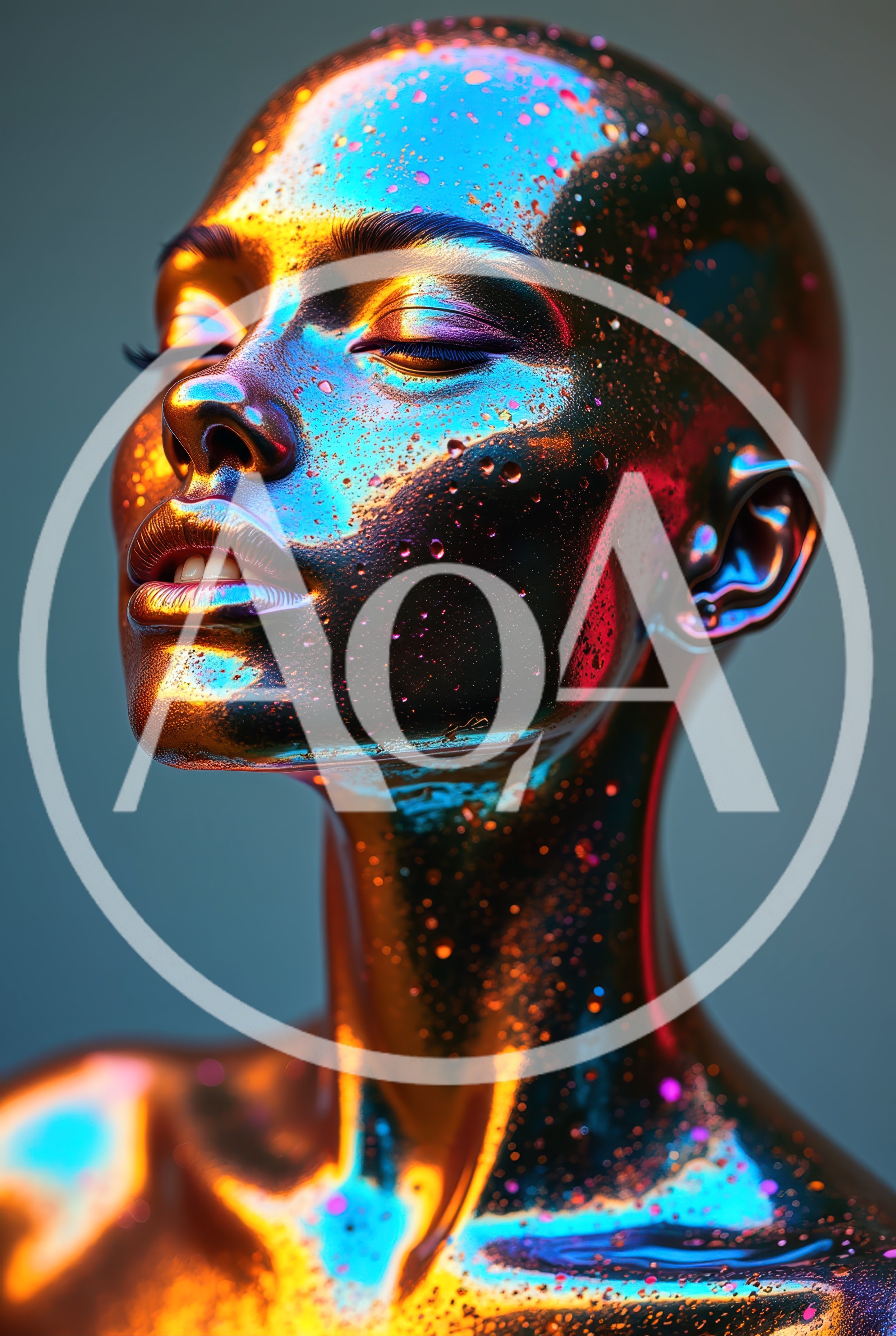 Abstract Metallic Human Portrait With Iridescent Lighting