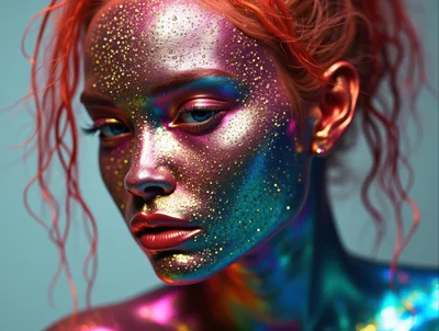 Portrait Of A Woman With Iridescent Glitter Makeup