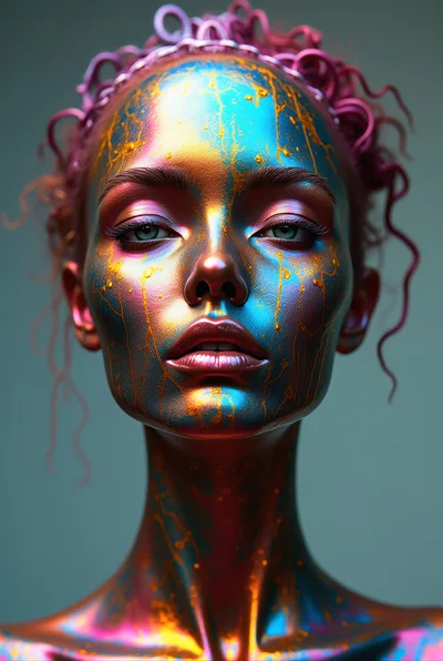 Portrait Of A Woman With Iridescent Metallic Skin