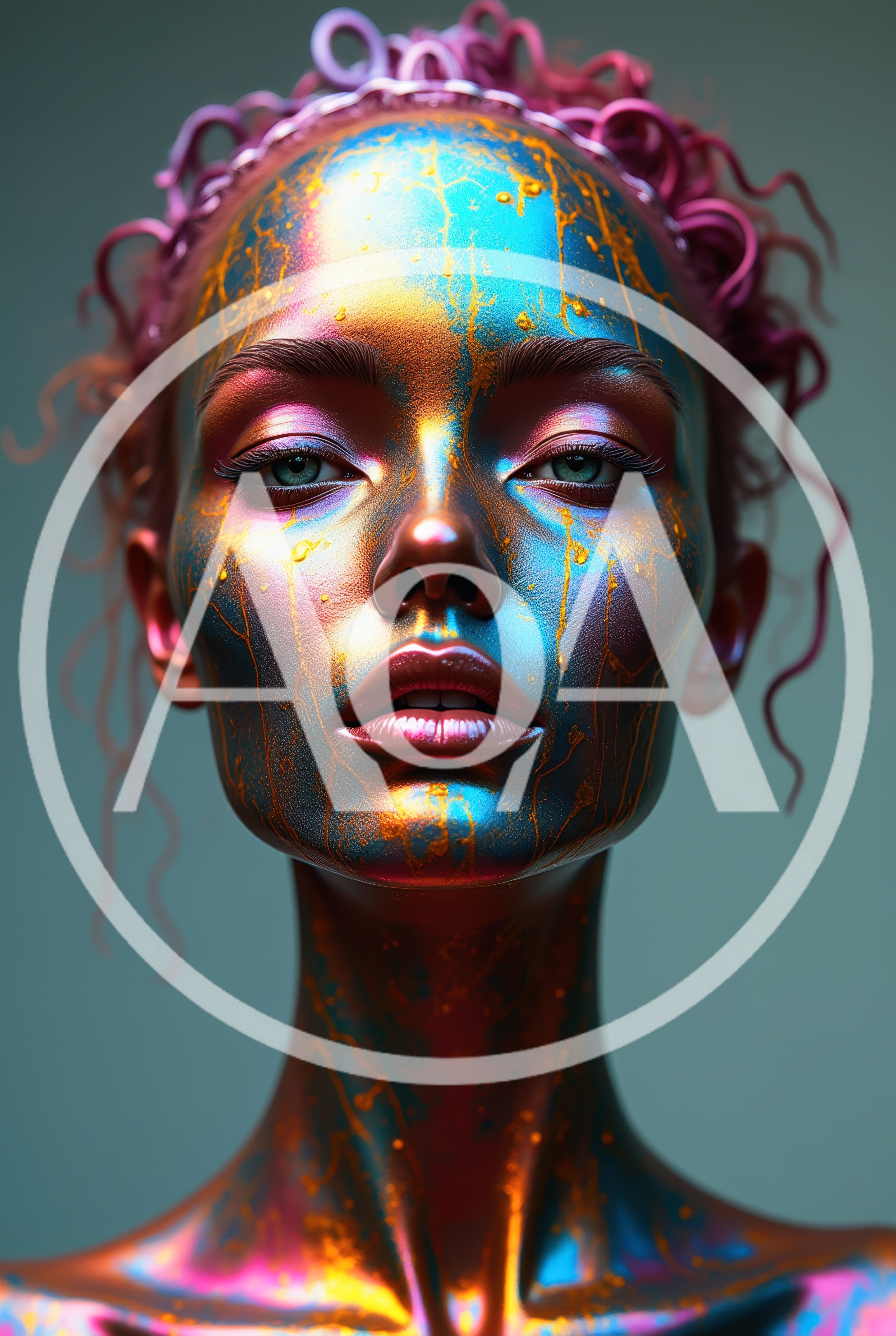 Portrait Of A Woman With Iridescent Metallic Skin
