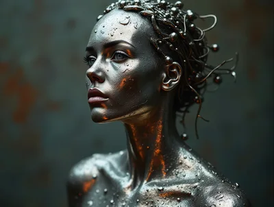 Portrait Of A Metallic Silver Humanoid Cyborg