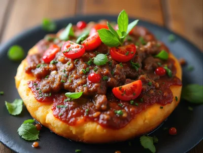 Gourmet Polenta Cake Topped With Savory Meat Sauce