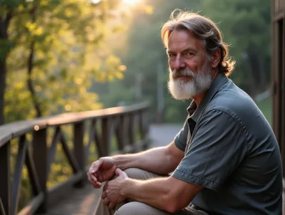 Mature Man With Beard Sitting On Wooden Deck