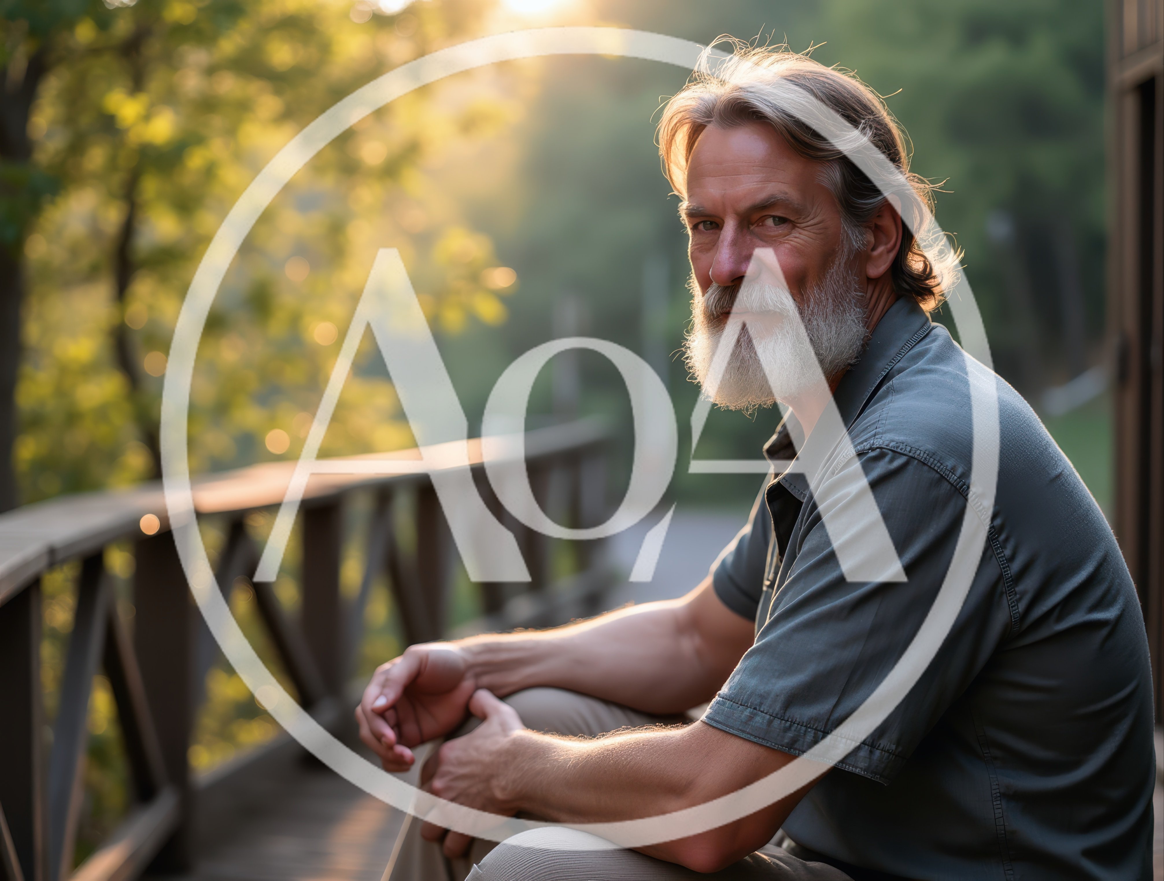 Mature Man With Beard Sitting On Wooden Deck