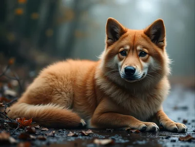 Red Fox Dog Resting On Forest Floor