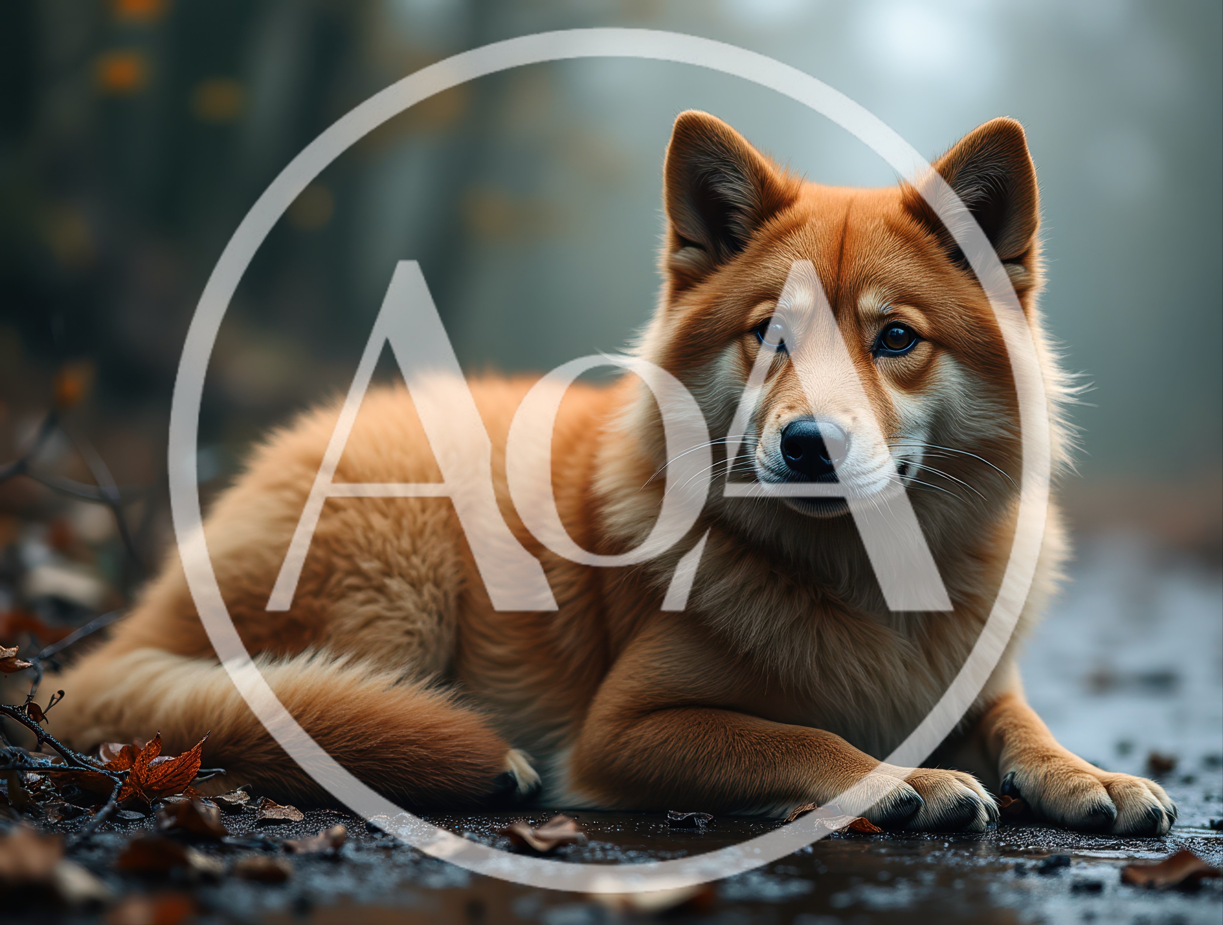 Red Fox Dog Resting On Forest Floor