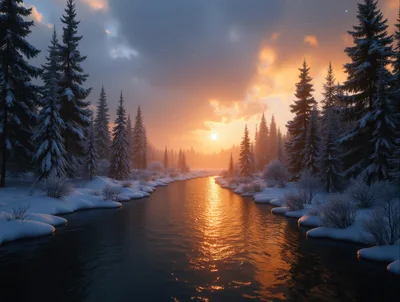 Golden Sunset Over A Snowy Winter River