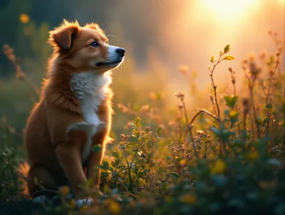 Golden Retriever Mix Puppy Sitting in Sunlit Meadow