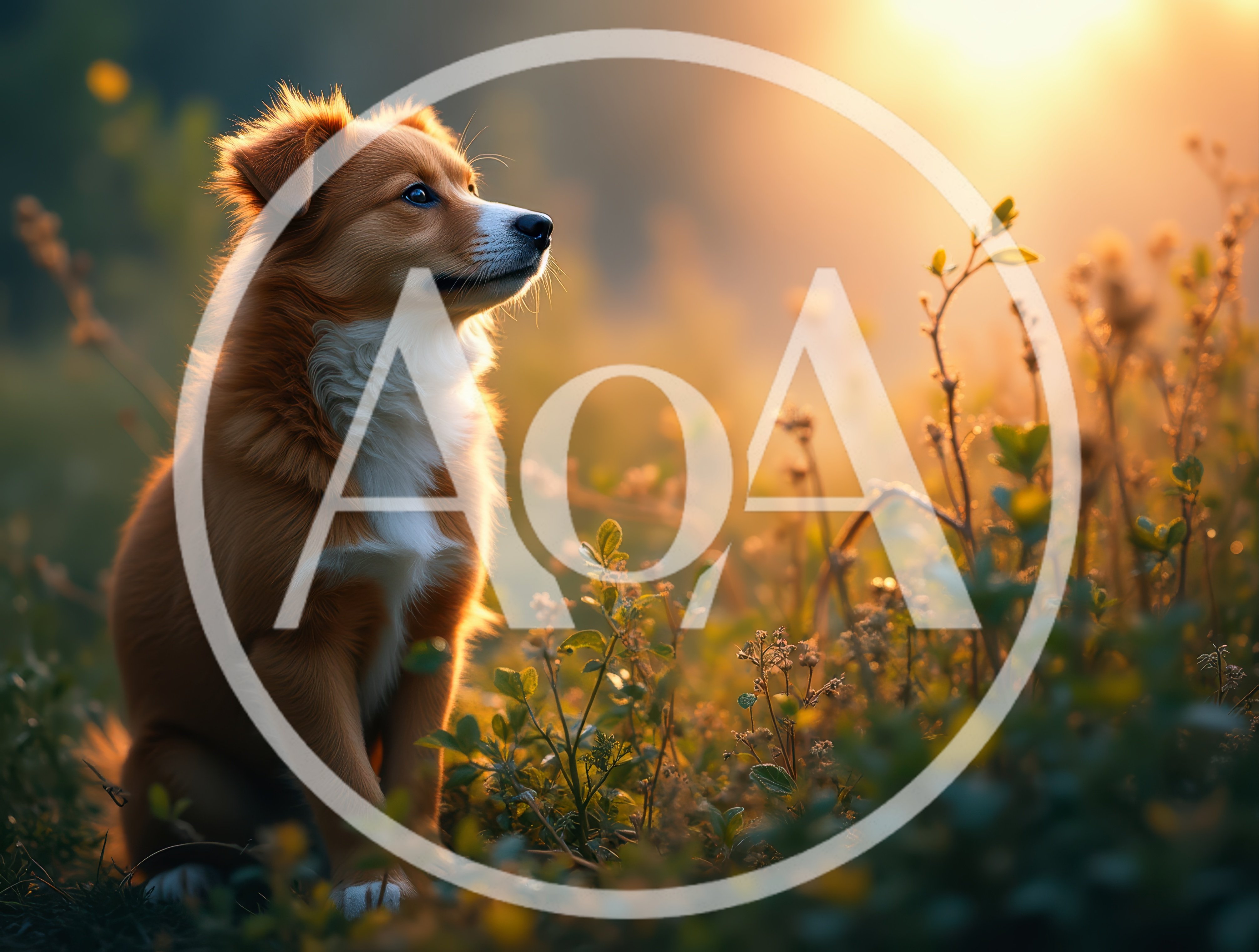 Golden Retriever Mix Puppy Sitting in Sunlit Meadow