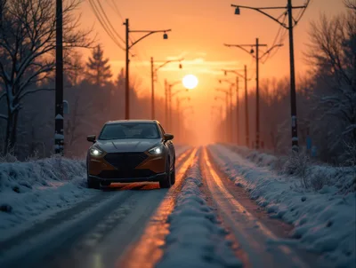 Orange SUV Driving On Snowy Road At Sunset