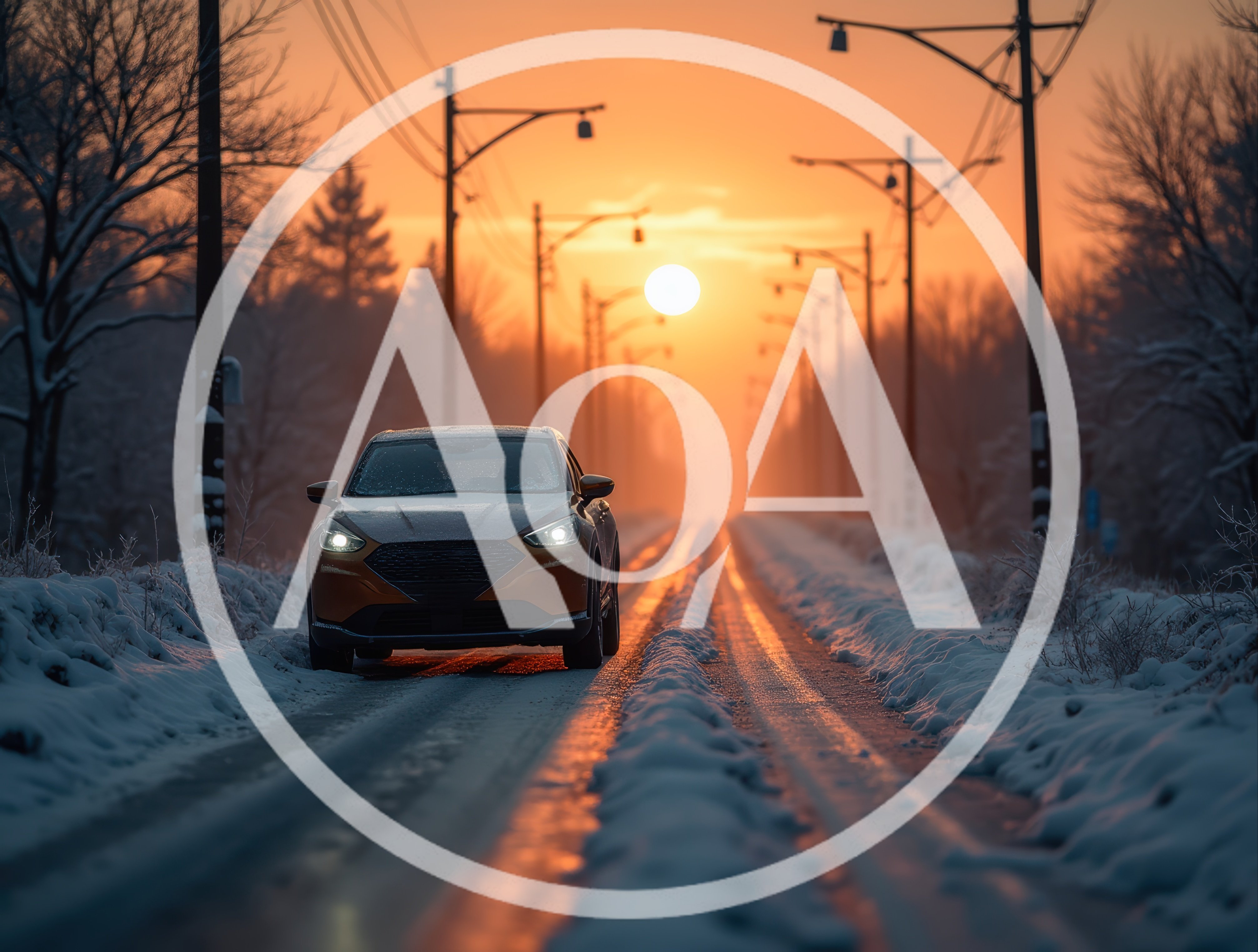Orange SUV Driving On Snowy Road At Sunset