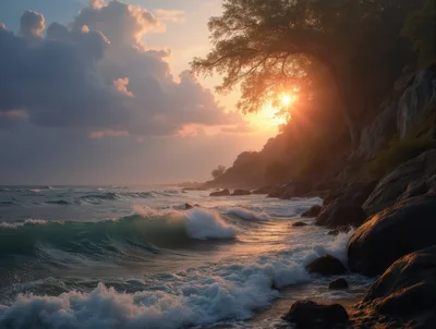Golden Sunset Over Rocky Coastal Shoreline