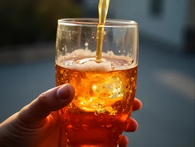 Pouring Golden Beverage Into A Glass With Ice