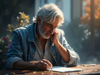 Mature Man Writing On Paper At Outdoor Table