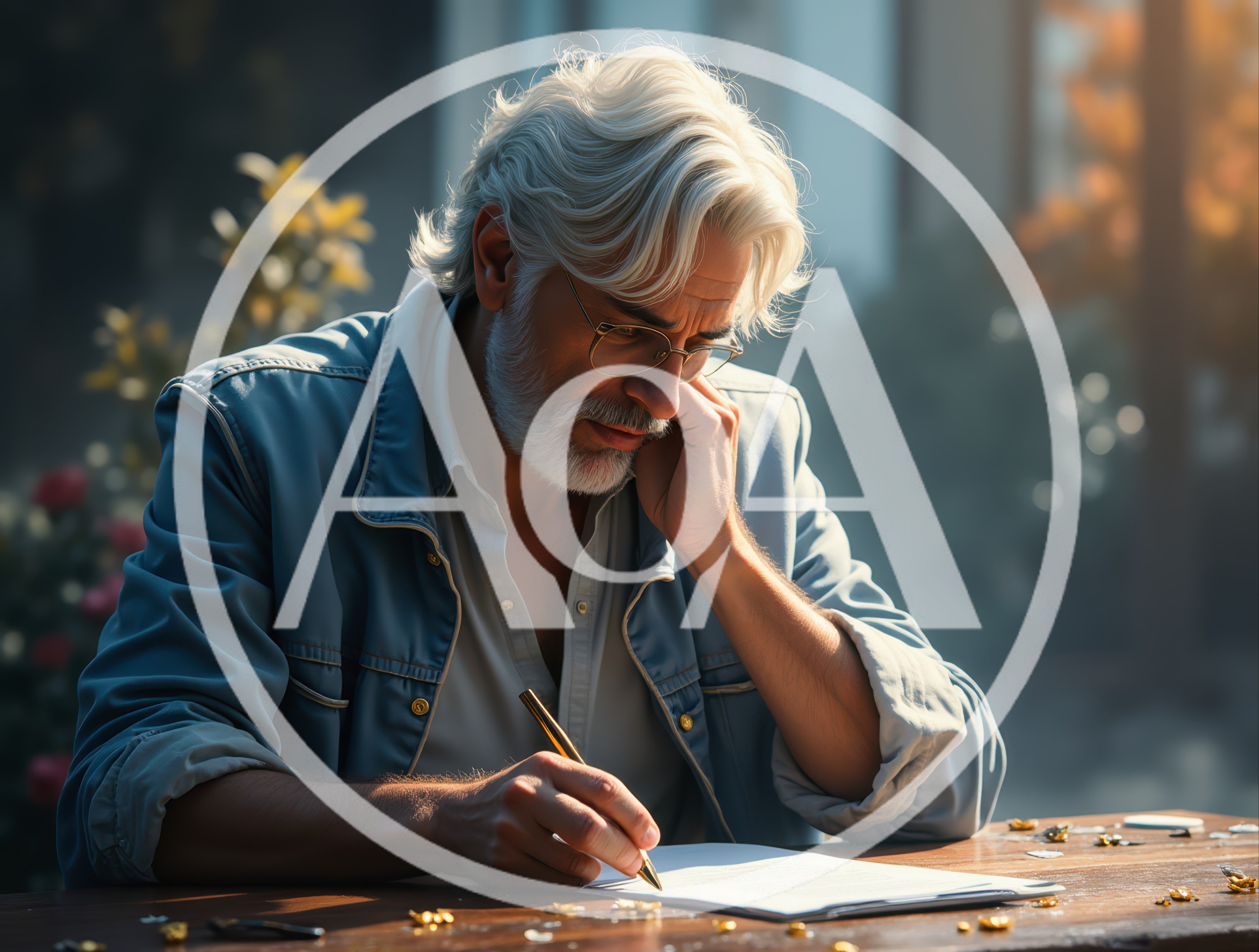 Mature Man Writing On Paper At Outdoor Table