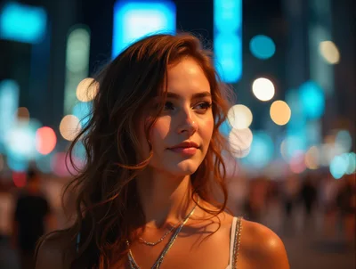 Young Woman Portrait In Vibrant City Night Lights