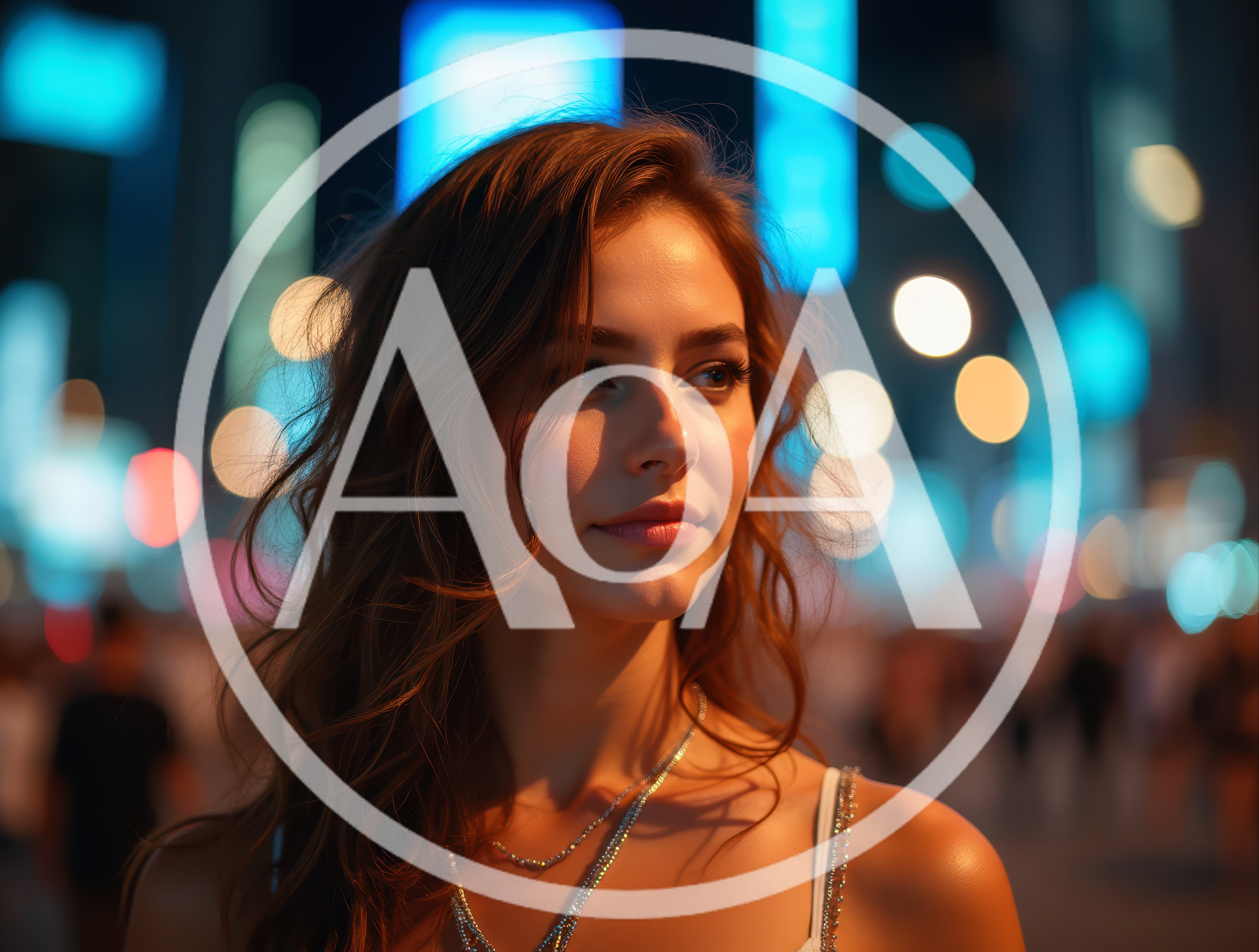 Young Woman Portrait In Vibrant City Night Lights