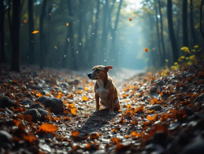 Small Brown Dog Sitting on a Forest Path