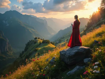 Woman In Red Dress Standing On Mountain Peak