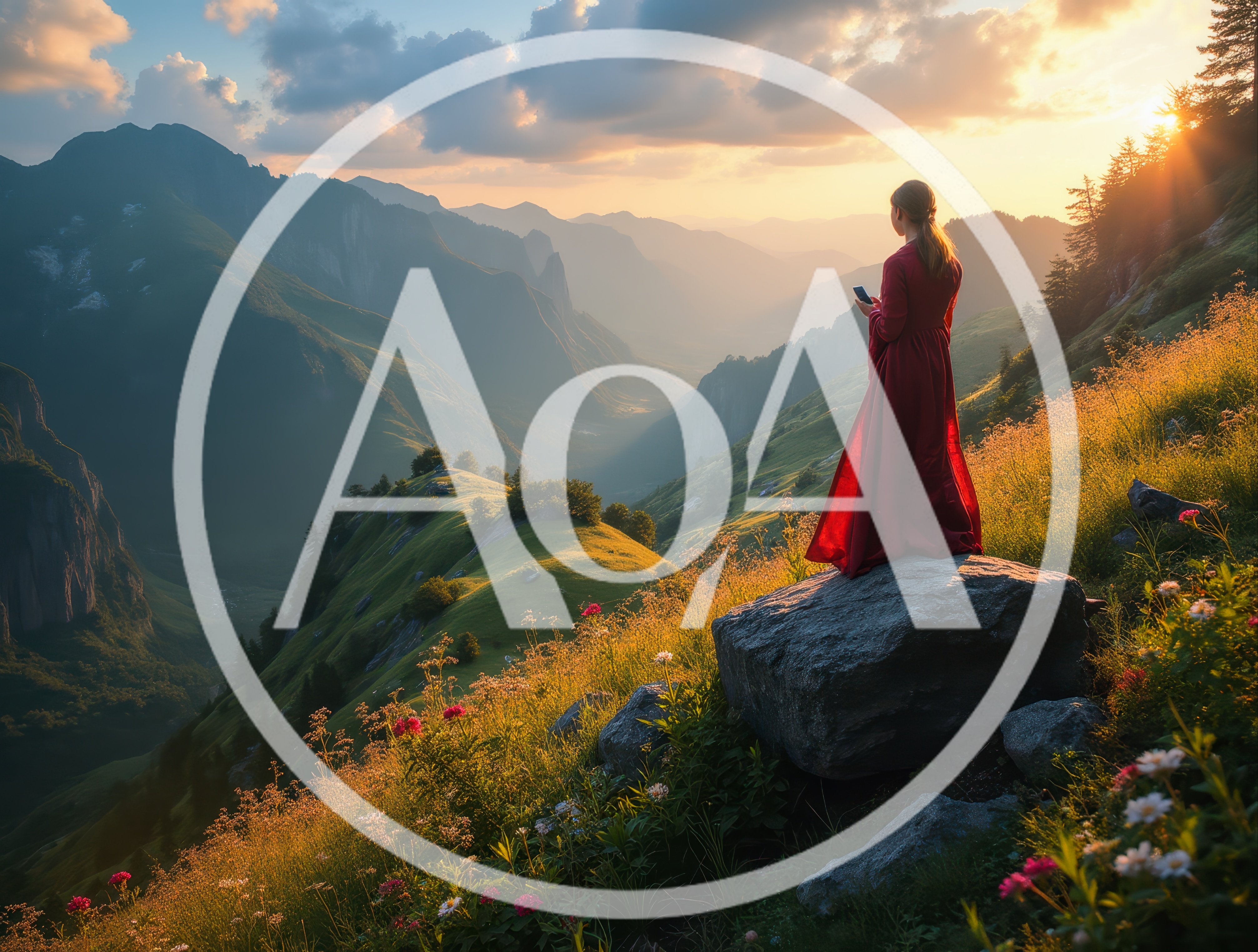 Woman In Red Dress Standing On Mountain Peak