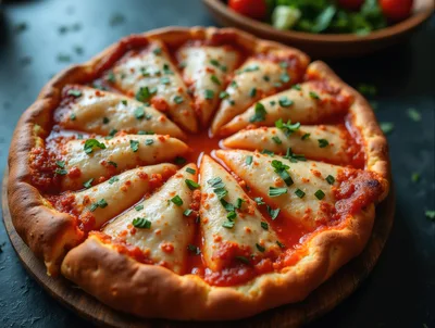 Gourmet Pizza With Triangular Cheese Slices On Wooden Board