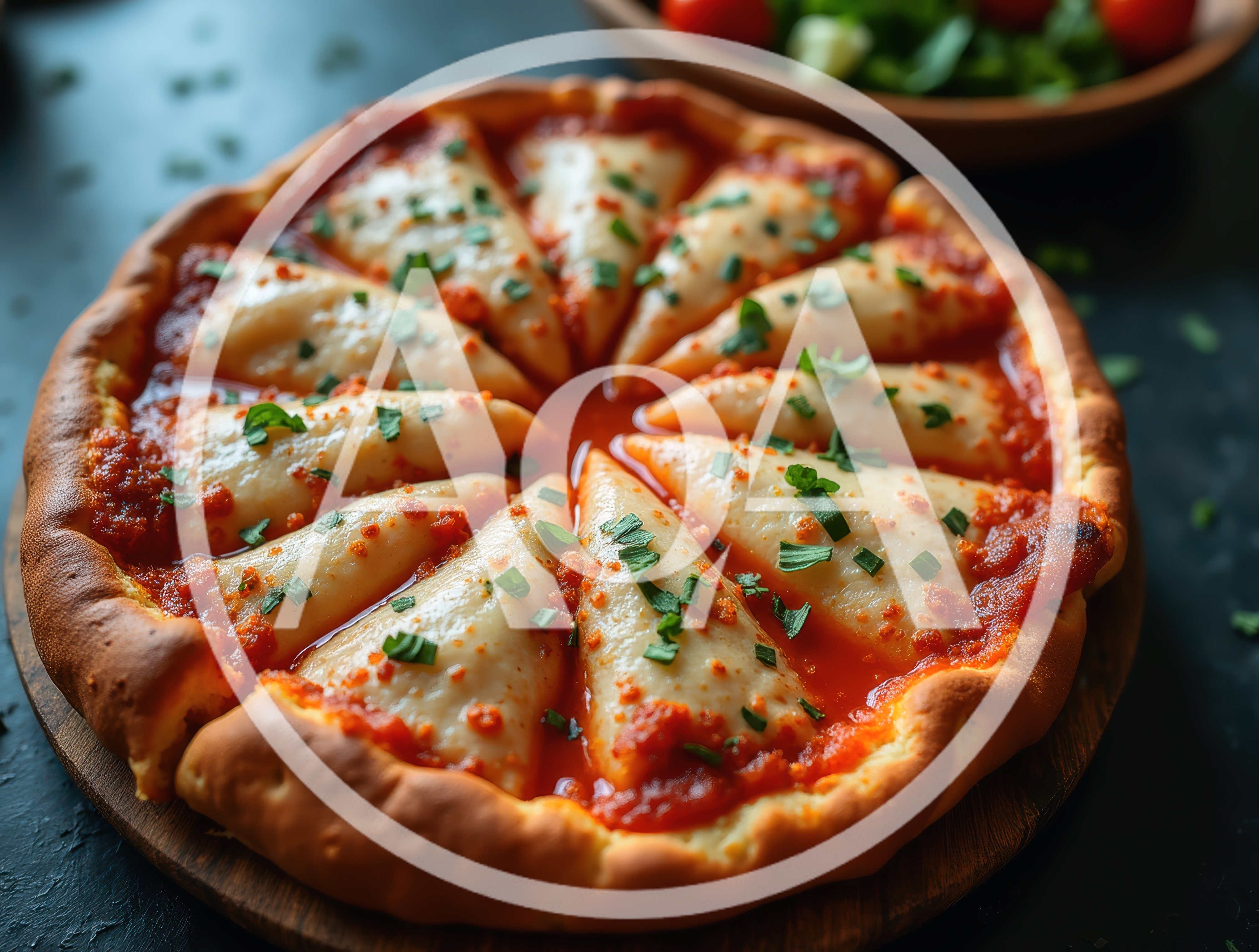 Gourmet Pizza With Triangular Cheese Slices On Wooden Board