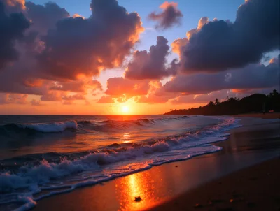 Vibrant Tropical Sunset Over A Calm Ocean Beach