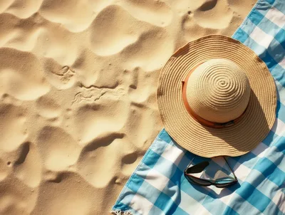 Sun Hat And Sunglasses On A Beach Towel