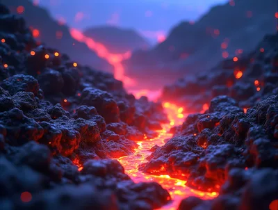 Molten Lava Flowing Through Volcanic Rock Landscape