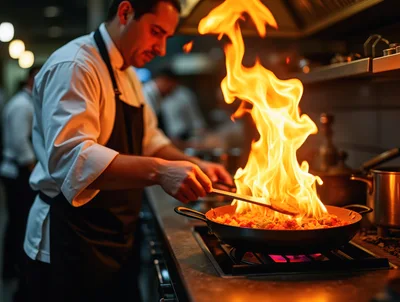 Professional Chef Cooking With Flames In Restaurant Kitchen