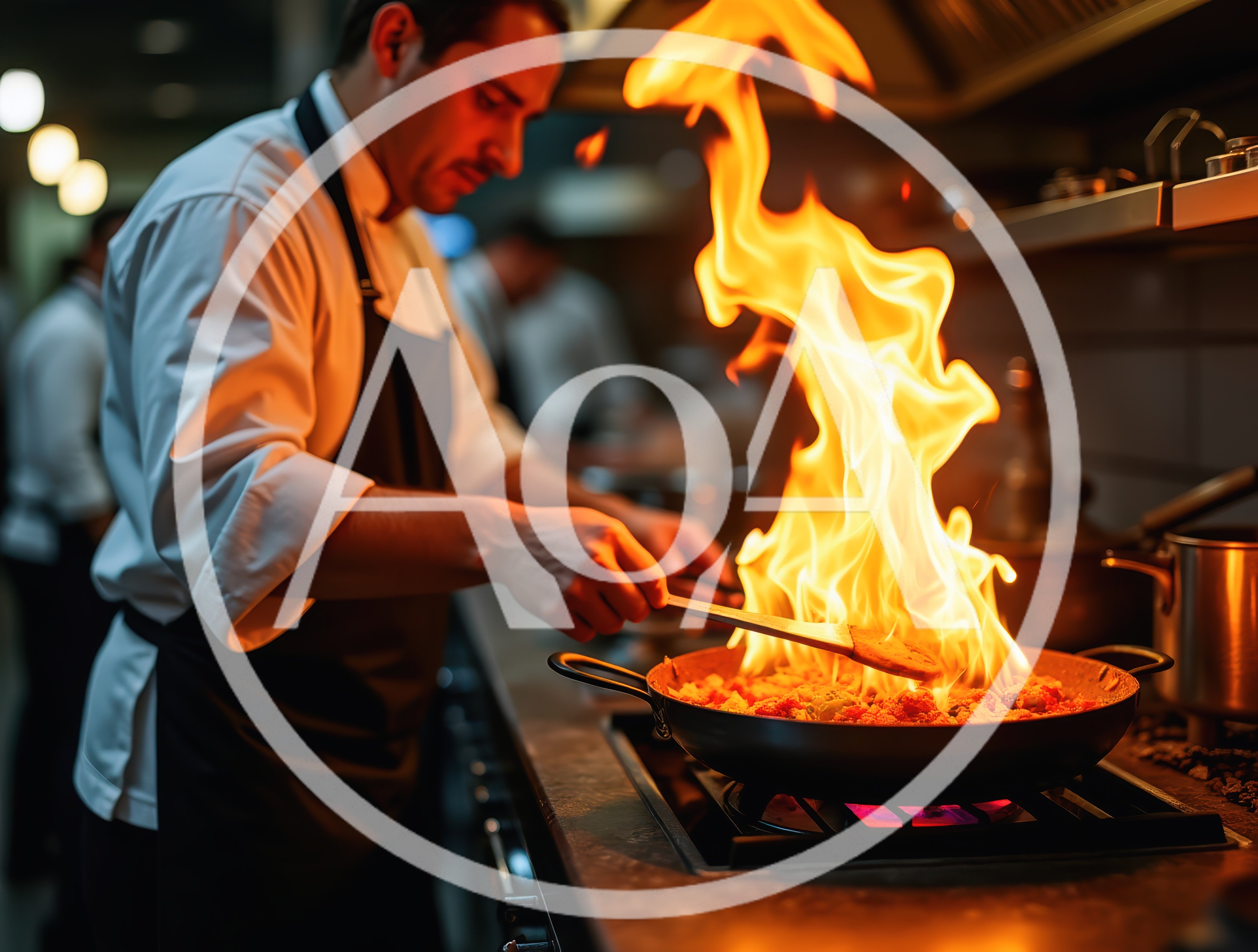 Professional Chef Cooking With Flames In Restaurant Kitchen