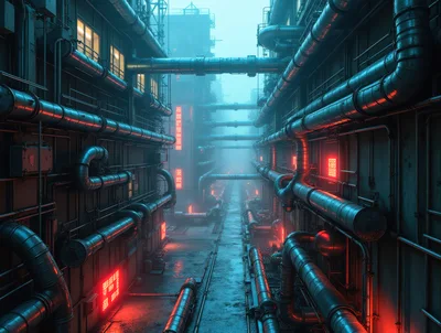 Futuristic Industrial Alleyway With Glowing Neon Signs
