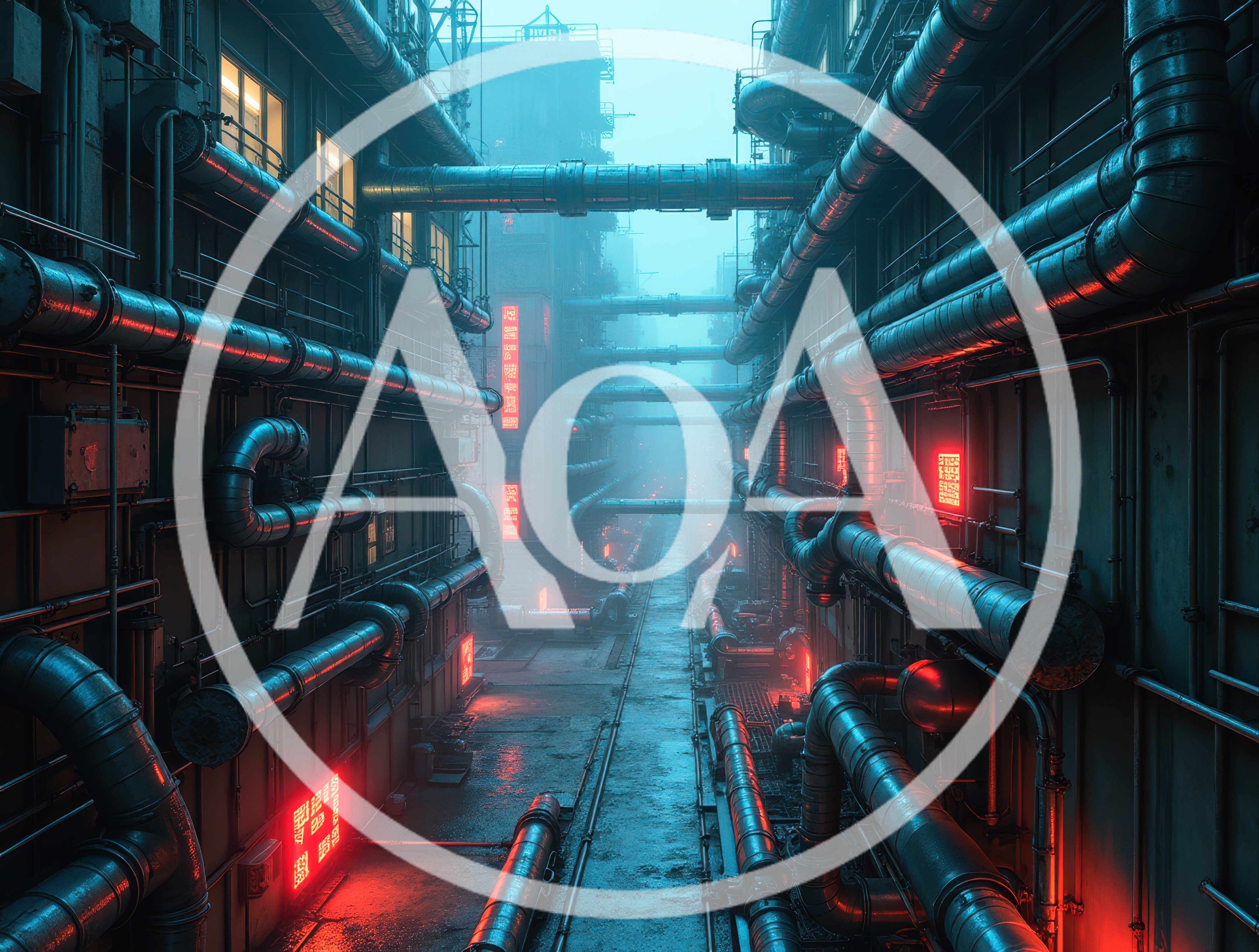 Futuristic Industrial Alleyway With Glowing Neon Signs
