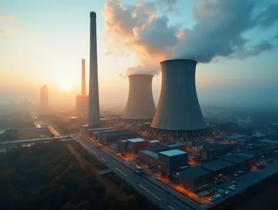 Industrial Power Plant Complex At Sunset
