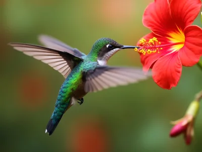Ruby-Throated Hummingbird Feeding From A Red Hibiscus Flower