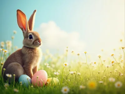 Cute Easter Bunny Sitting in a Daisy Field