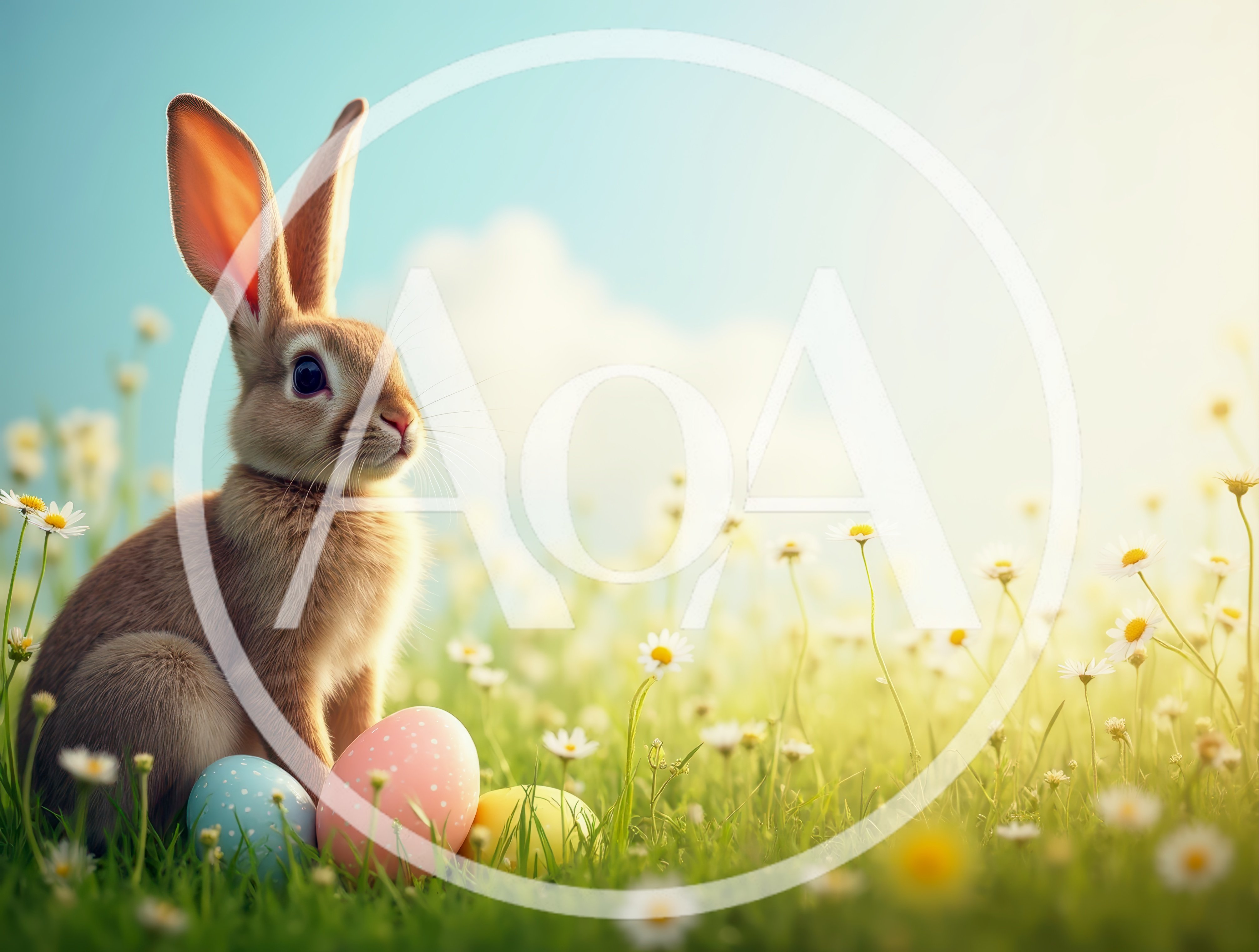 Cute Easter Bunny Sitting in a Daisy Field